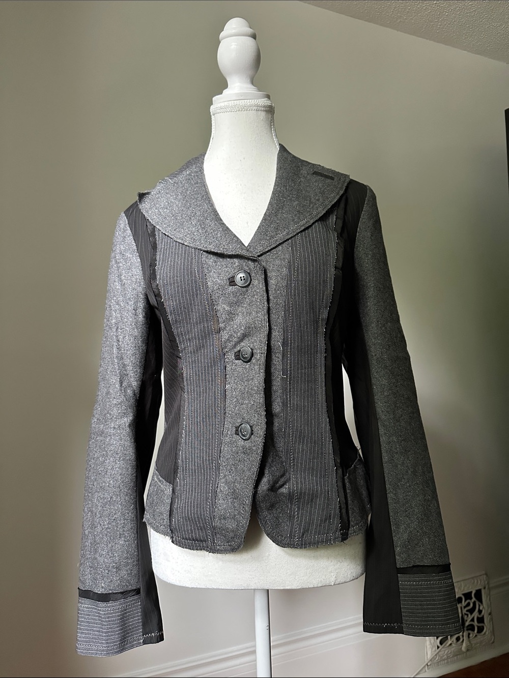 PROMOD Y2K Wool Blend Grey‎ Pinstripe Preppy Academia Careerwear Blazer Sz 6